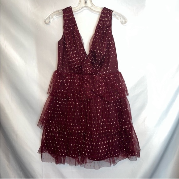 LULUS Forever Sparkling Burgundy Dotted Mesh Tiered Mini Dress - Picture 1 of 3
